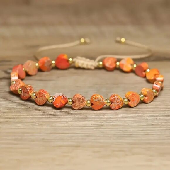 Natural Stone Orange Jasper Heart Shape Bead Braided Adjustable Boho Bracelet - Picture 1 of 4
